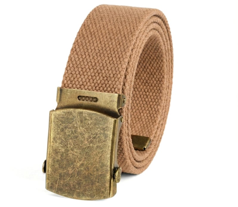 BC Belts Canvas Web Belt Military Style with Antique Brass Buckle and Tip 50" Long (Light Brown) - Image 1